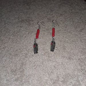 Handmade red beads n feathered earrings